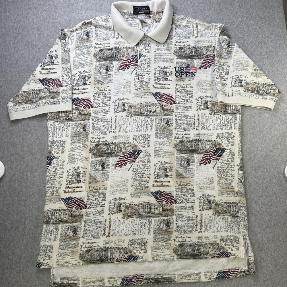 Vintage US Open Golf Polo Shirt L Patriotic All Over Print USA‎